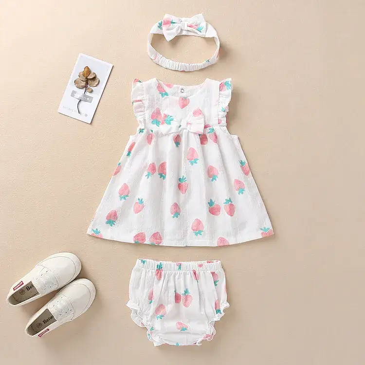 Girls Cotton Strawberry Print Sleeveless Dress Set - Image 7