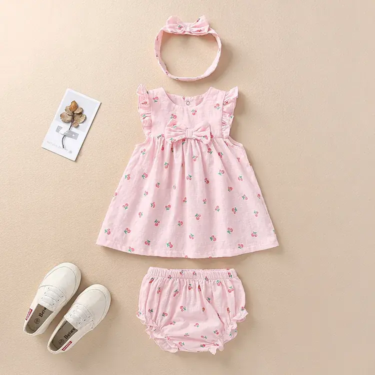Girls Cotton Strawberry Print Sleeveless Dress Set - Image 5