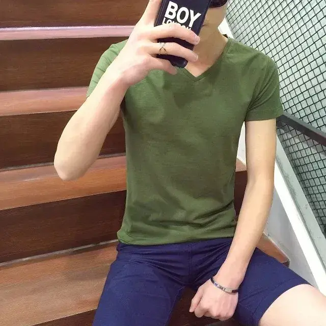 Men Navy V-Neck T-Shirt Slim Fit Loose Fit - Image 34
