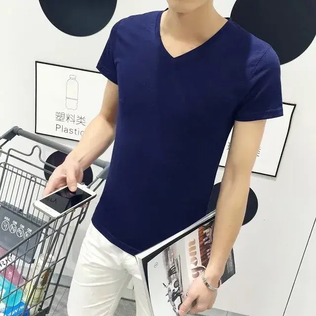 Men Navy V-Neck T-Shirt Slim Fit Loose Fit - Image 14