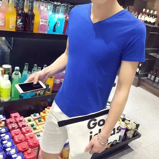 Men Navy V-Neck T-Shirt Slim Fit Loose Fit - Image 16