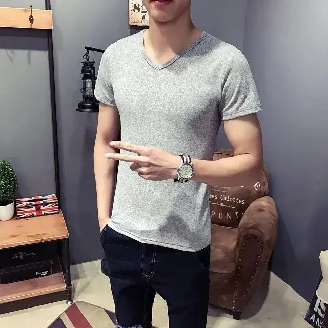 Men Navy V-Neck T-Shirt Slim Fit Loose Fit - Image 25