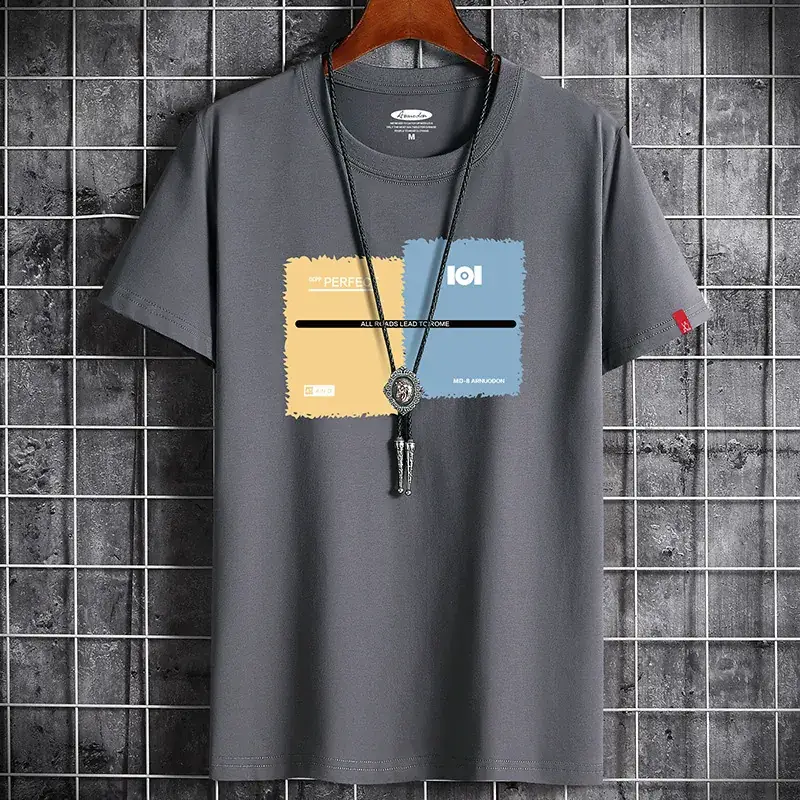 Men Grey Graphic T-Shirt Loose Fit Korean Style - Image 3