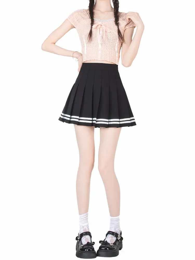 White Pleated College Skirt with Blue Trim Elastic Waist