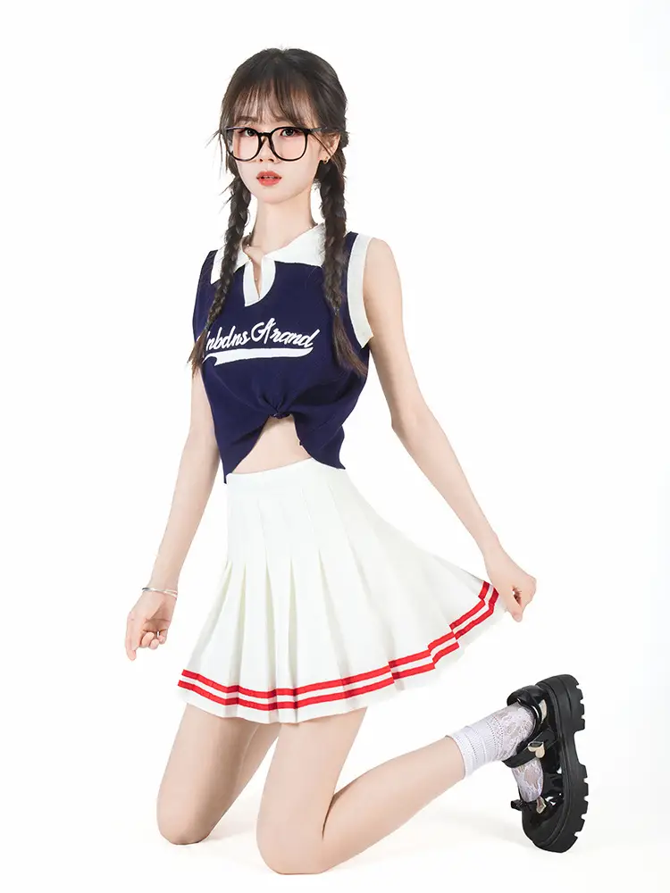 White Pleated College Skirt with Blue Trim Elastic Waist