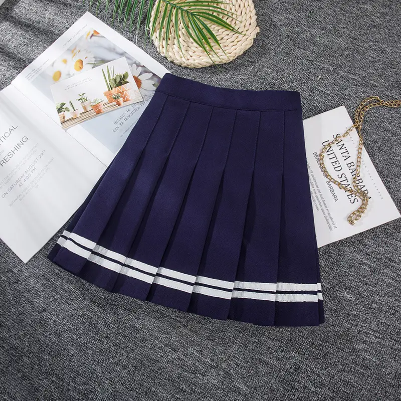 White Pleated College Skirt with Blue Trim Elastic Waist