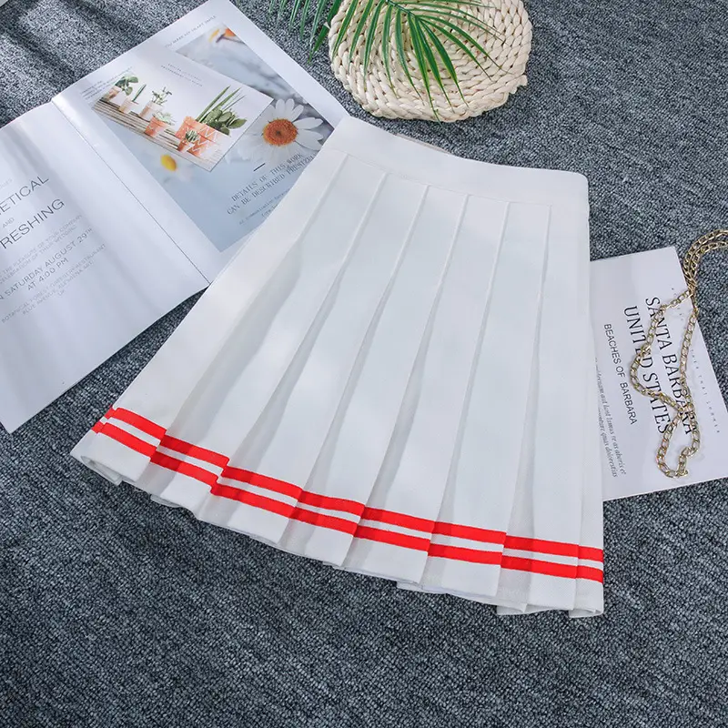 White Pleated College Skirt with Blue Trim Elastic Waist