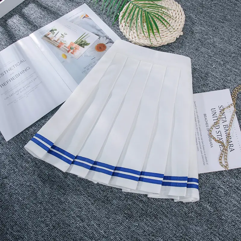 White Pleated College Skirt with Blue Trim Elastic Waist