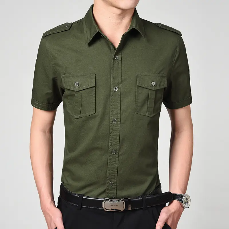 Men Cotton Short Sleeve Shirt Olive Green Black Large - Image 5