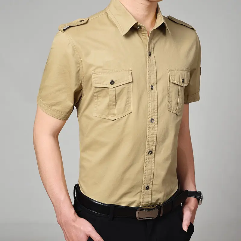 Men Cotton Short Sleeve Shirt Olive Green Black Large - Image 7