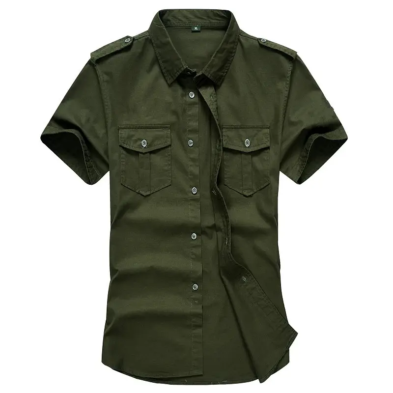 Men Cotton Short Sleeve Shirt Olive Green Black Large - Image 3