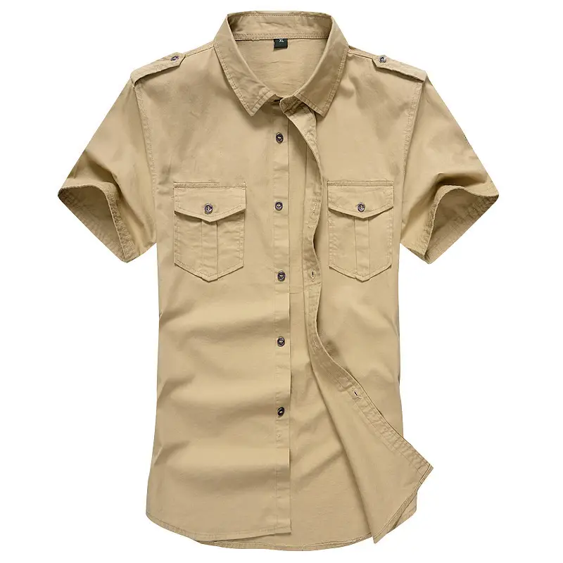 Men Cotton Short Sleeve Shirt Olive Green Black Large - Image 4