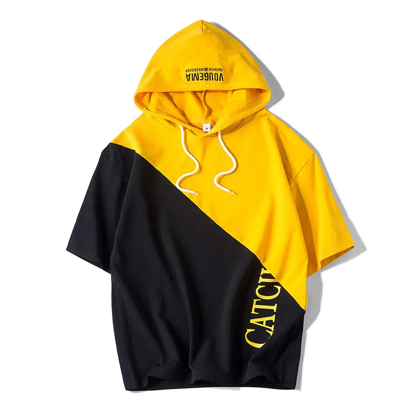 Men Color Block Hooded T-Shirt Yellow Black One Piece