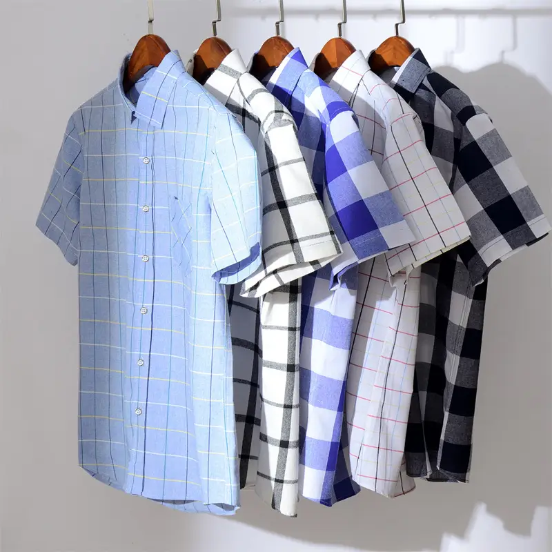 Men's White Plaid Short Sleeve Shirt with Pink Yellow Lines
