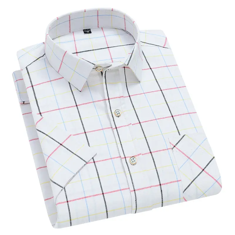 Men's White Plaid Short Sleeve Shirt with Pink Yellow Lines