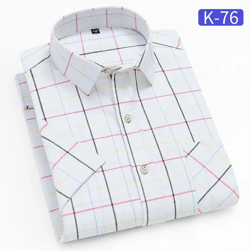 Men's White Plaid Short Sleeve Shirt with Pink Yellow Lines