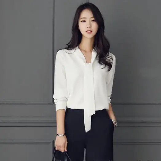 Women Long Sleeve Bow Knot Shirt with Ribbon & Chiffon Bottom