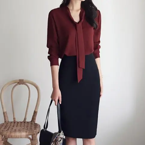 Women Long Sleeve Bow Knot Shirt with Ribbon & Chiffon Bottom
