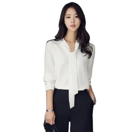 Women Long Sleeve Bow Knot Shirt with Ribbon & Chiffon Bottom