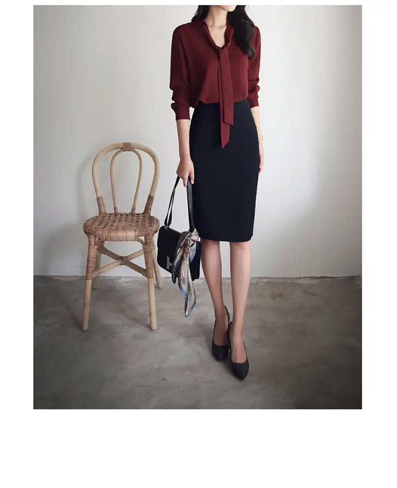 Women Long Sleeve Bow Knot Shirt with Ribbon & Chiffon Bottom — feature 3