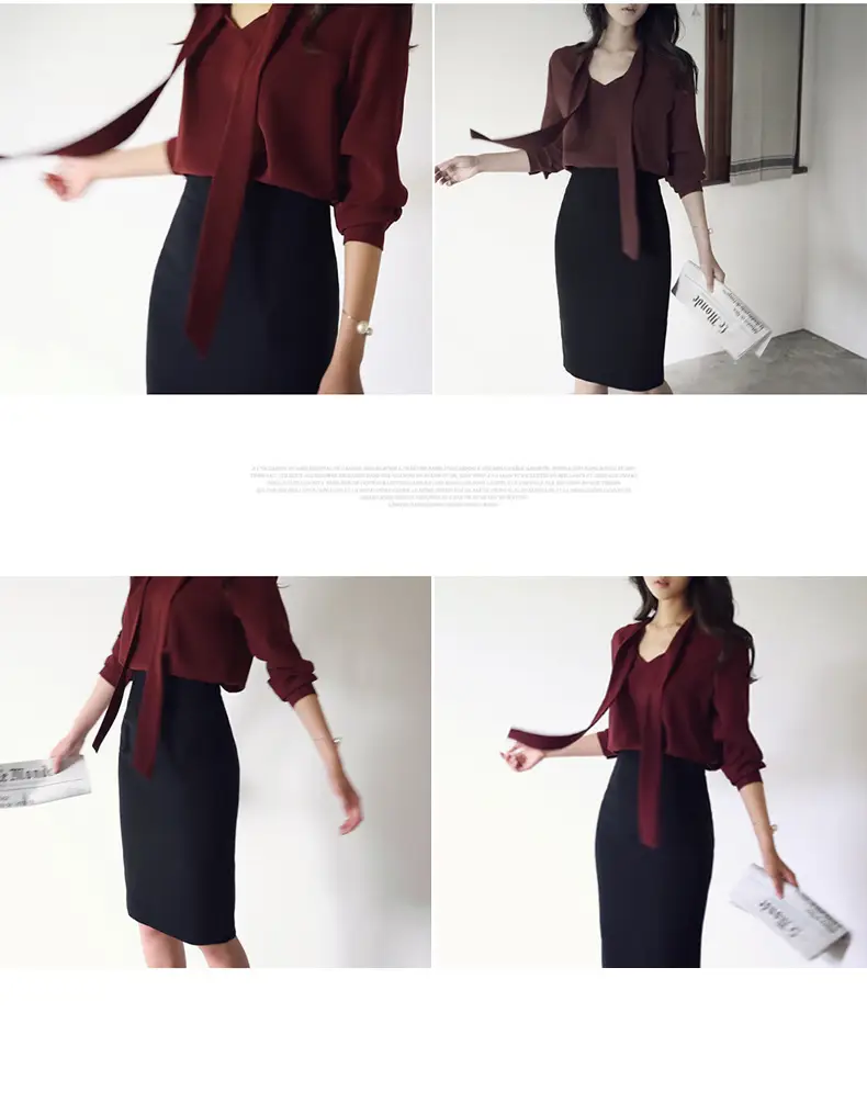 Women Long Sleeve Bow Knot Shirt with Ribbon & Chiffon Bottom — feature 4