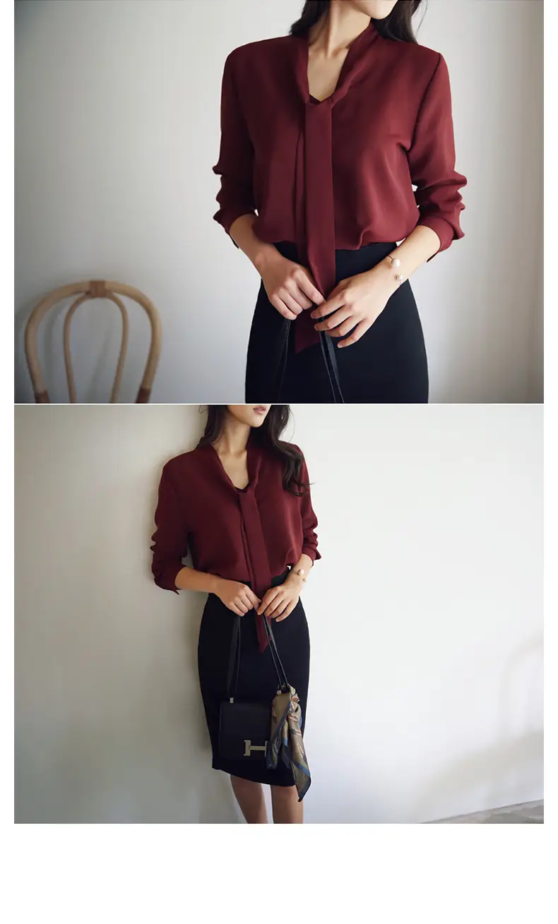 Women Long Sleeve Bow Knot Shirt with Ribbon & Chiffon Bottom — feature 6