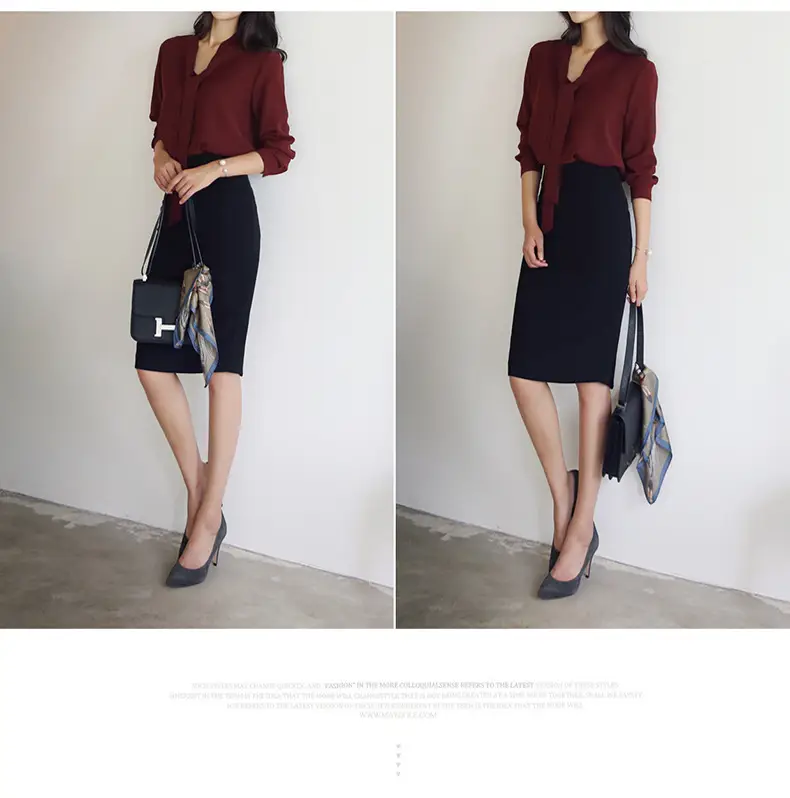 Women Long Sleeve Bow Knot Shirt with Ribbon & Chiffon Bottom — feature 7