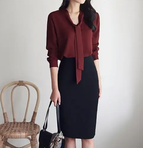 Women Long Sleeve Bow Knot Shirt with Ribbon & Chiffon Bottom