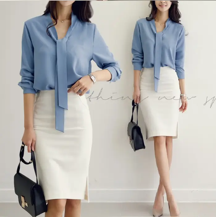 Women Long Sleeve Bow Knot Shirt with Ribbon & Chiffon Bottom