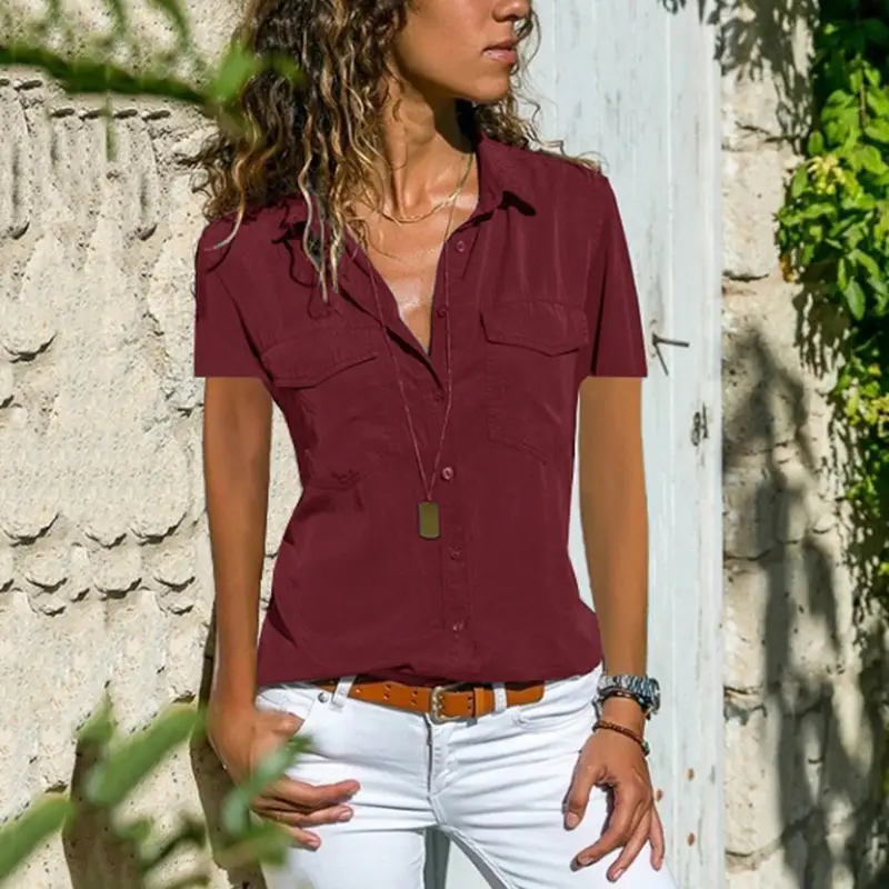 2024 Women's Grey Lapel Short Sleeve Shirt - Image 6