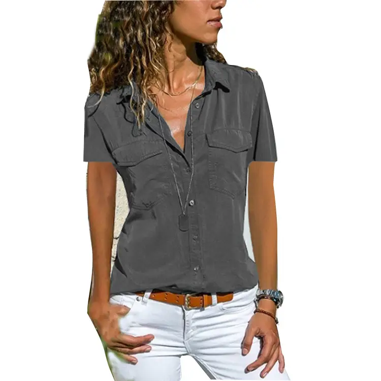 2024 Women's Grey Lapel Short Sleeve Shirt - Image 8