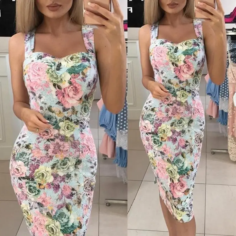 Printed Floral Midi Dress for Women Hot Slim Fit