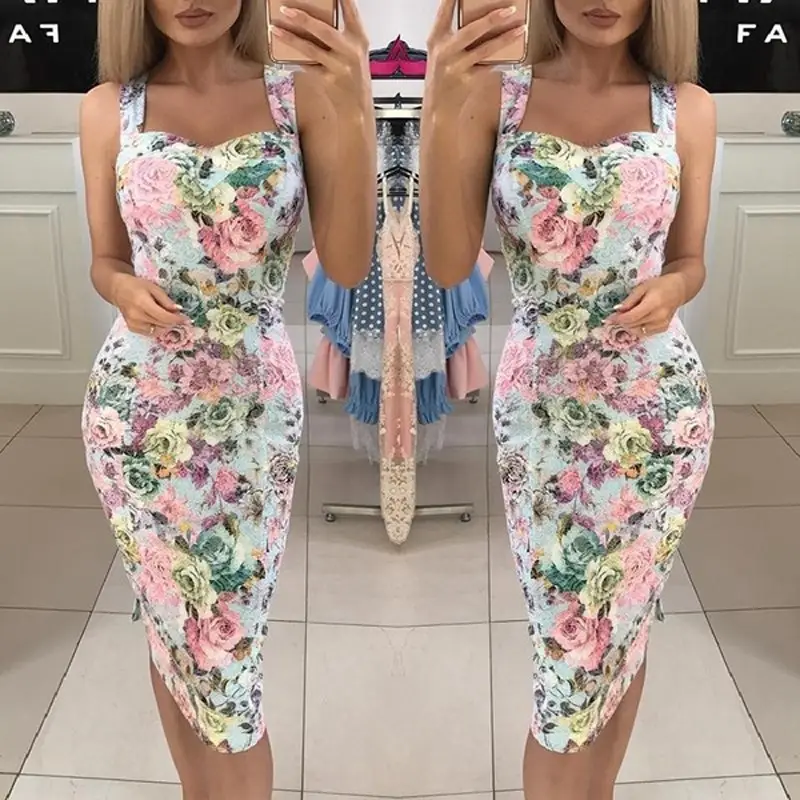 Printed Floral Midi Dress for Women Hot Slim Fit