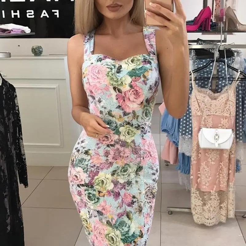Printed Floral Midi Dress for Women Hot Slim Fit