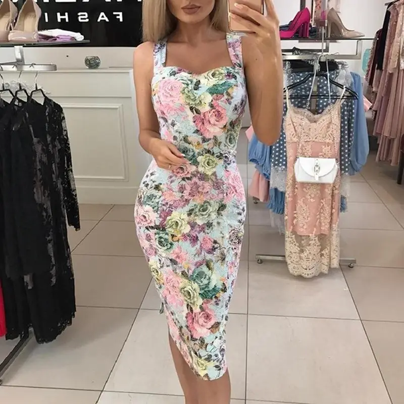 Printed Floral Midi Dress for Women Hot Slim Fit