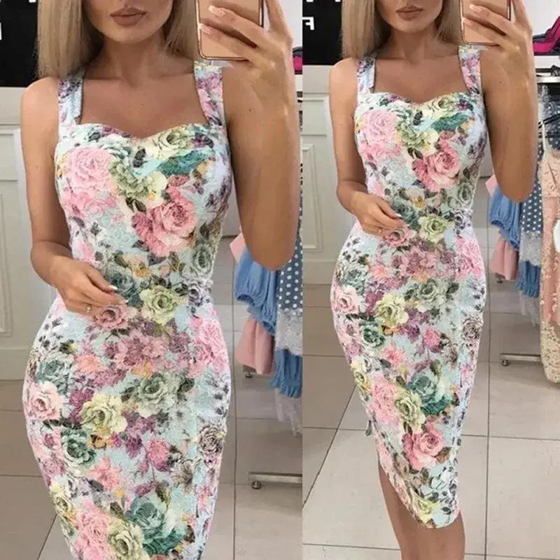 Printed Floral Midi Dress for Women Hot Slim Fit