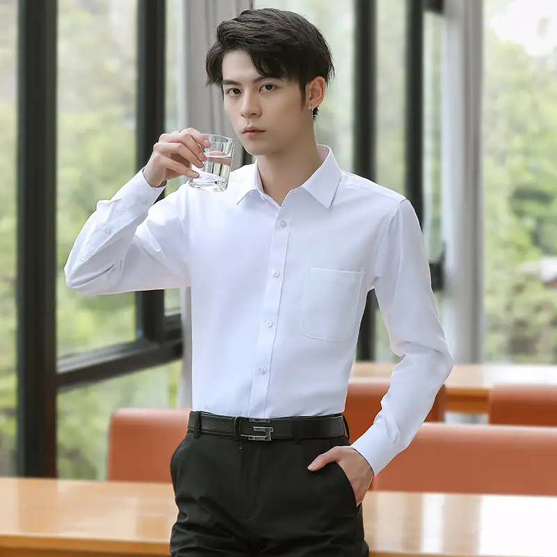 Men's Black Embroidered Long Sleeve Business Shirt