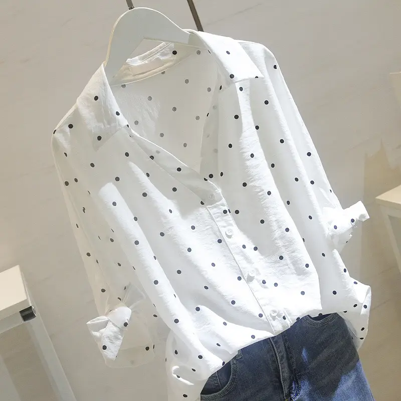 Women White Polka Dot Mid Sleeve Shirt Cotton Linen - Image 4