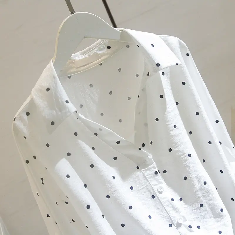 Women White Polka Dot Mid Sleeve Shirt Cotton Linen - Image 5