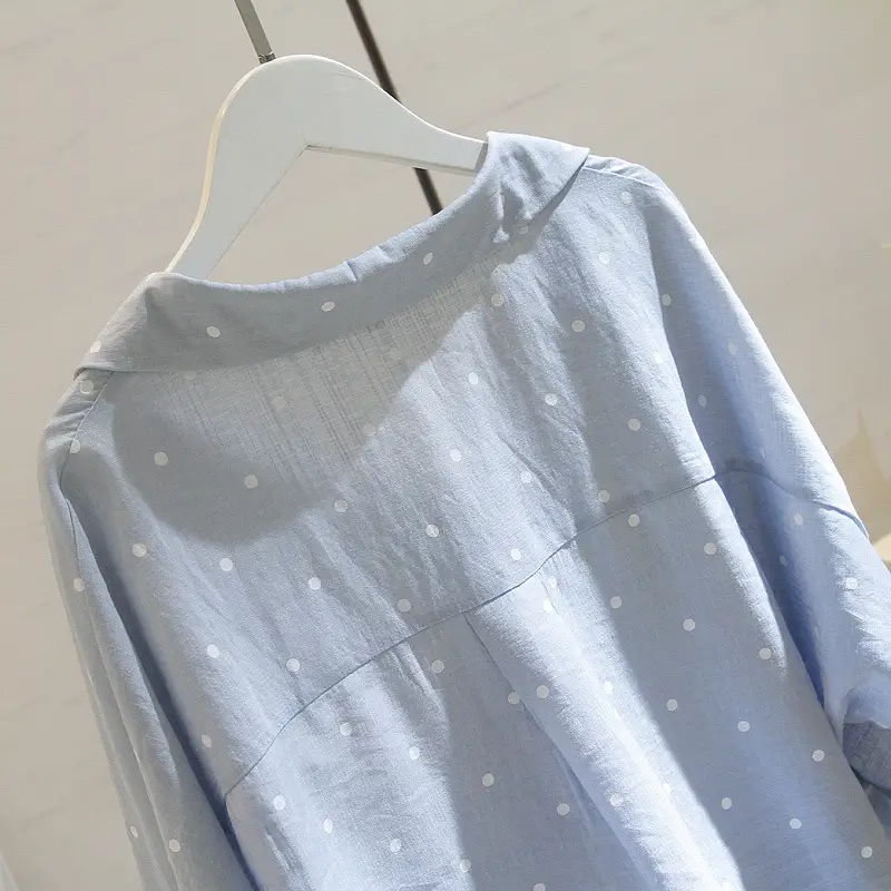 Women White Polka Dot Mid Sleeve Shirt Cotton Linen - Image 6
