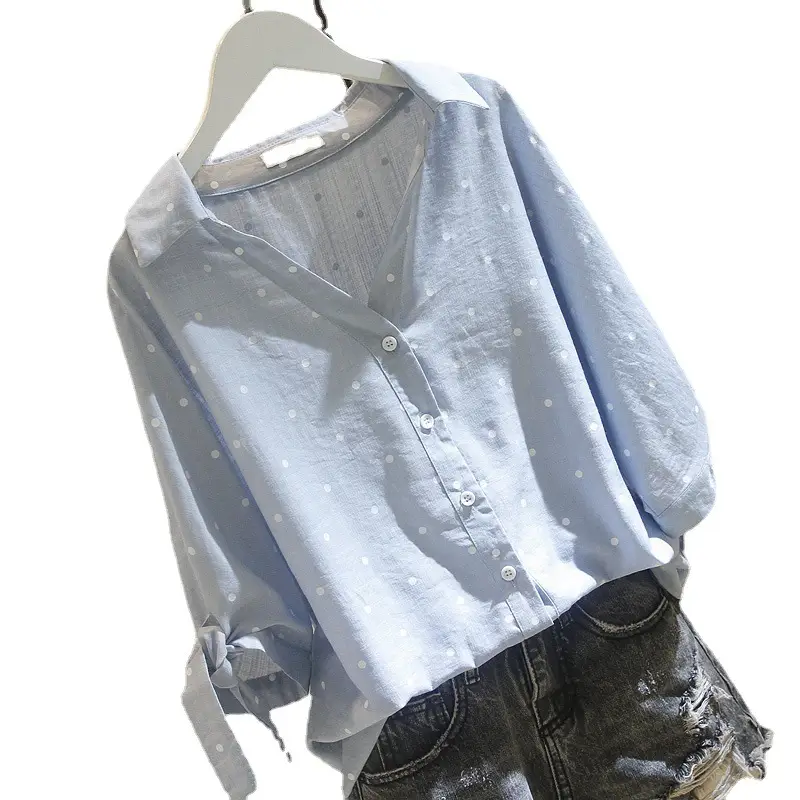 Women White Polka Dot Mid Sleeve Shirt Cotton Linen - Image 7