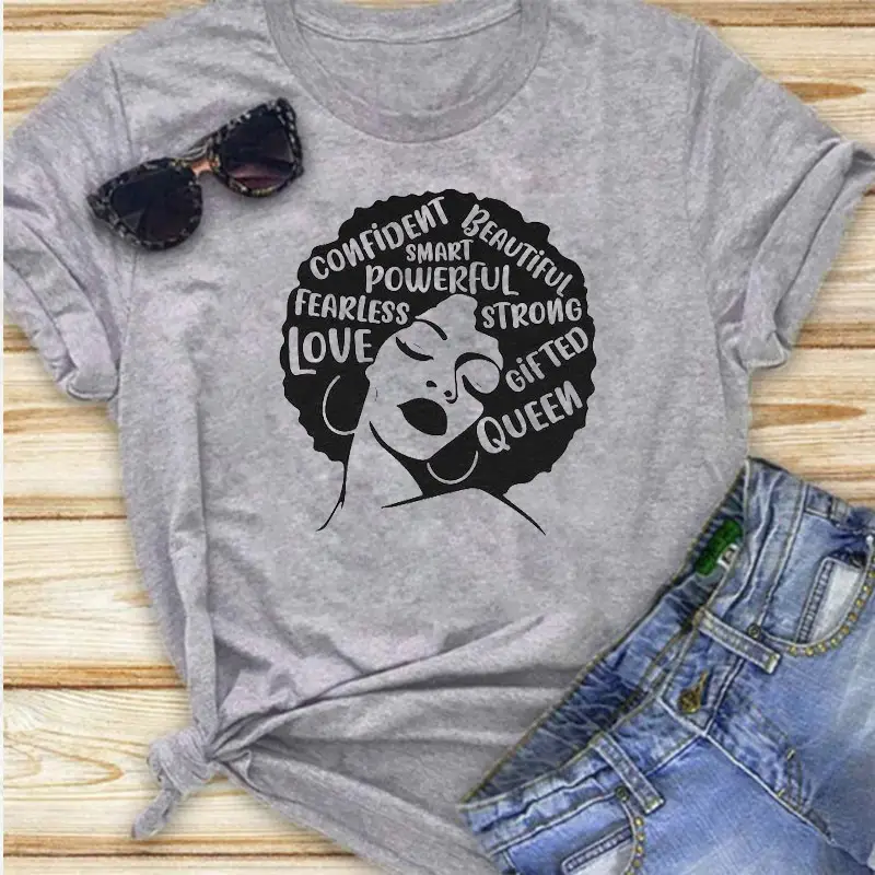 Confident Girl T-Shirt with Queen Design Grey Short Sleeve