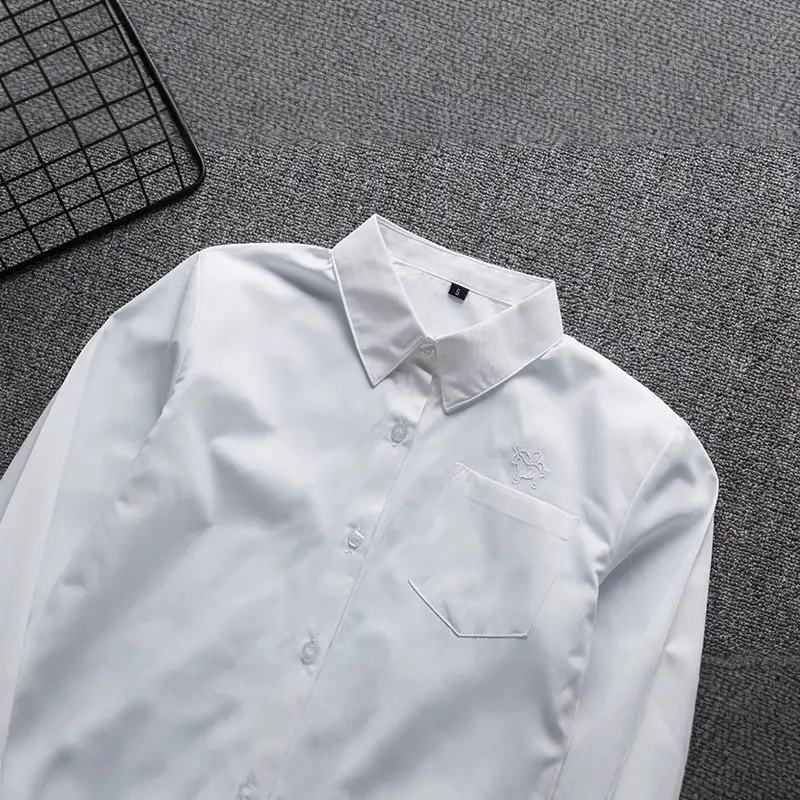 White Long Sleeve College Student Shirt with Pocket & Collar - Image 3