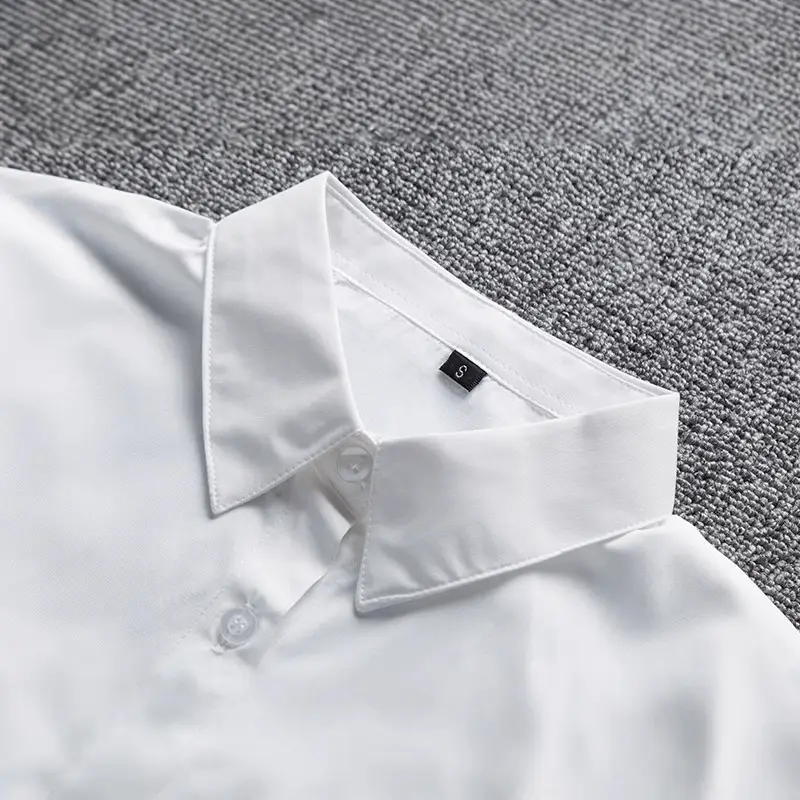 White Long Sleeve College Student Shirt with Pocket & Collar - Image 5