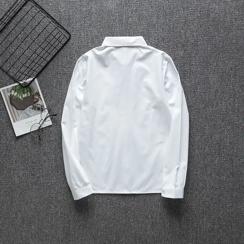 White Long Sleeve College Student Shirt with Pocket & Collar - Image 6
