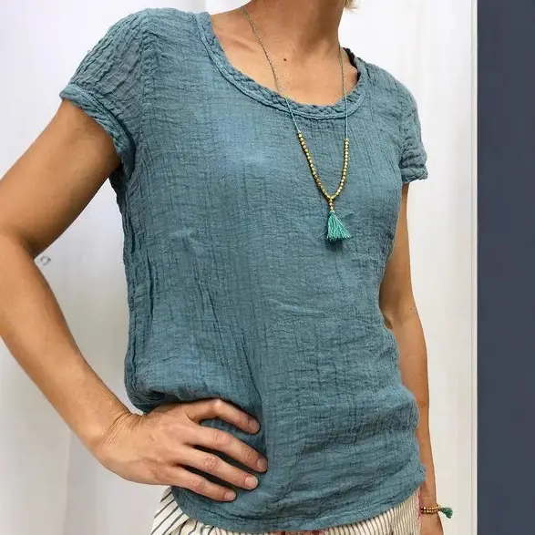 2019 Women Cotton T-Shirt Double Layer Crepe Light Green