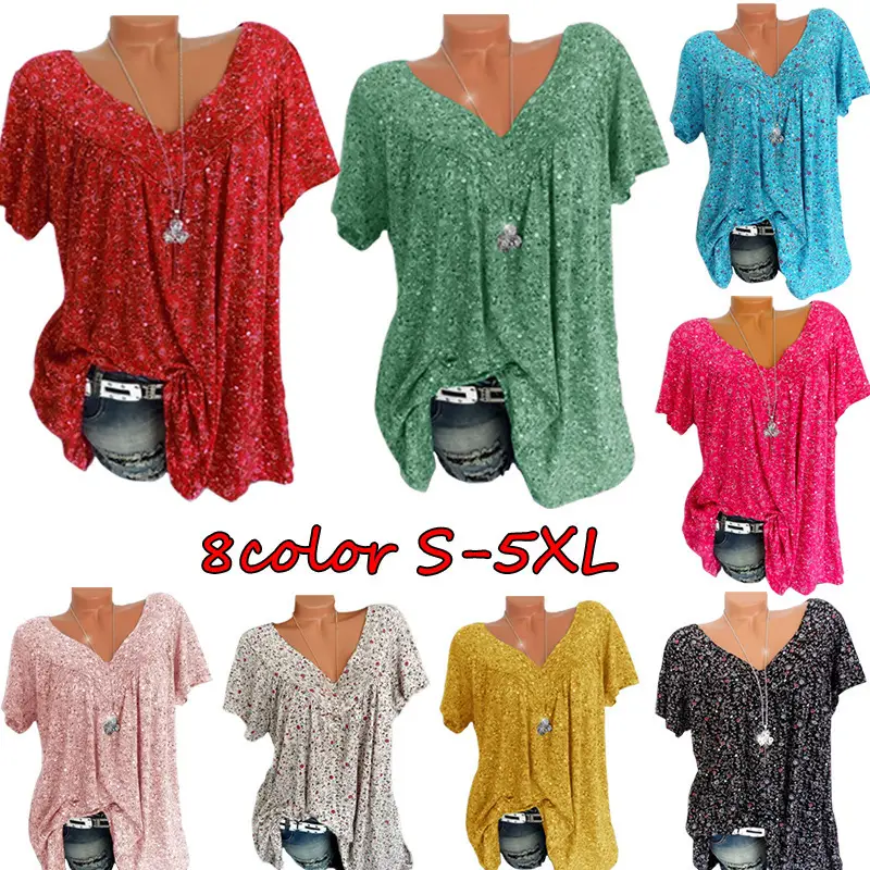 8 Color V-Neck Printed T-Shirt Women Summer Loose Fit