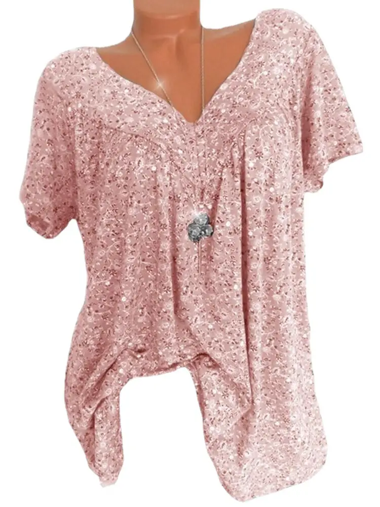 8 Color V-Neck Printed T-Shirt Women Summer Loose Fit