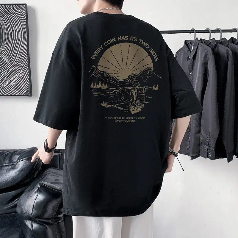 Men Cotton Printed T-Shirt Cream Round Neck Loose Fit - Image 11