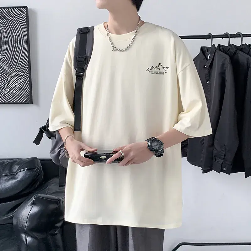 Men Cotton Printed T-Shirt Cream Round Neck Loose Fit - Image 12
